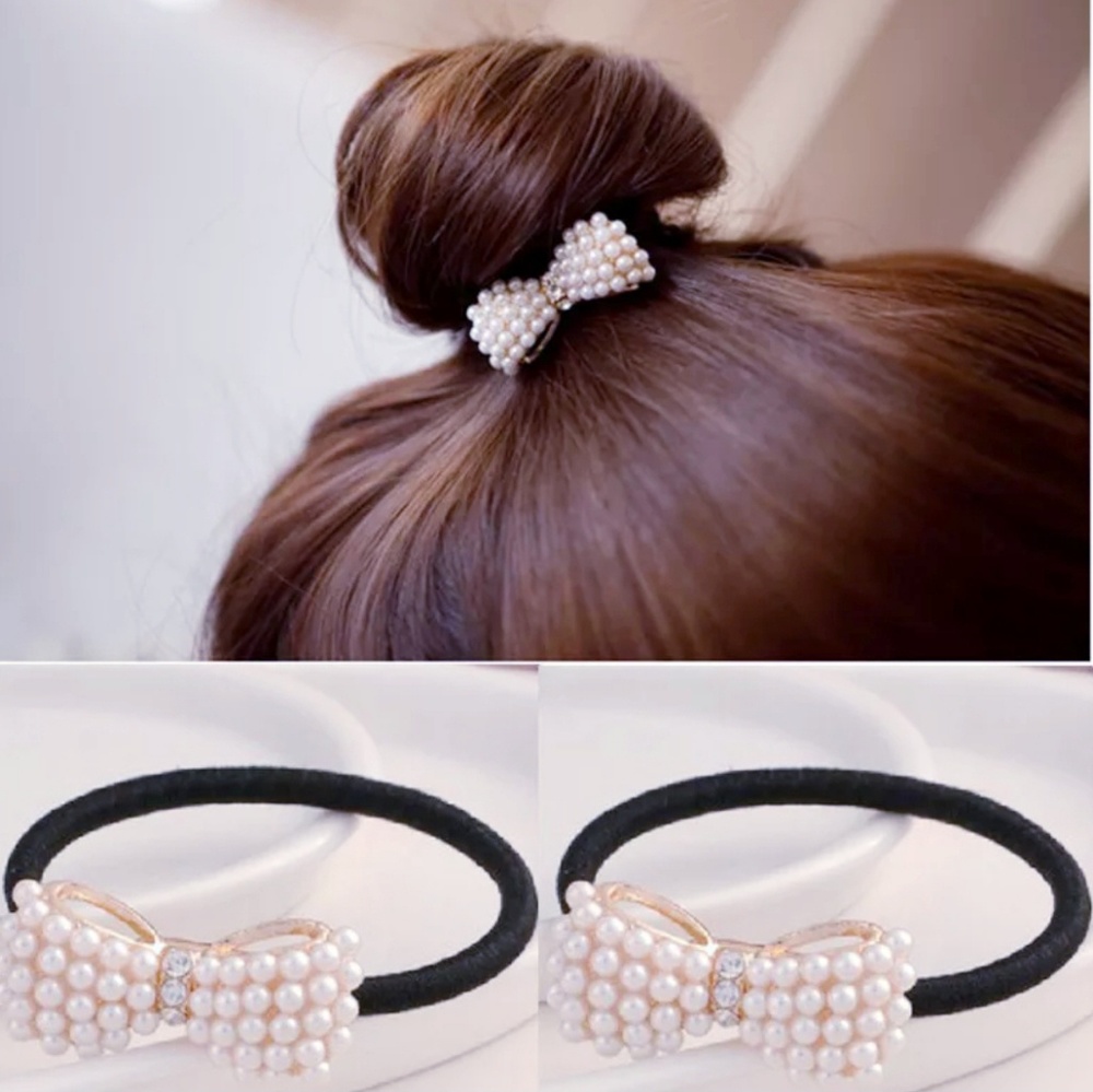 Hair Band Metal Bow Pearly Rhinestones Ponytail Elastic